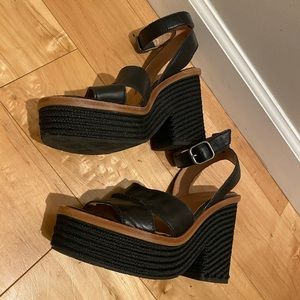 UGG Black Leather Woven Wicker Sole Platform Heels, Women’s US Size 8